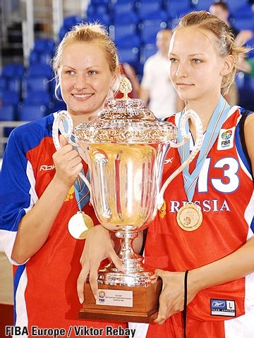 Elena Danilochkina tient le trophée européen U20 (photo: V. Rebay/FIBAEurope)