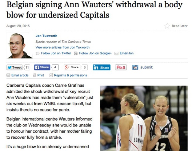 Ann Wauters a informé Canberra Capitals qu'elle n'irait pas en Australie Ann Wauters a informé Canberra Capitals qu'elle n'irait pas en Australie