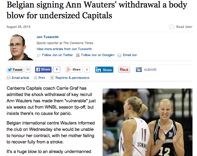 Ann Wauters a informé Canberra Capitals qu'elle n'irait pas en Australie